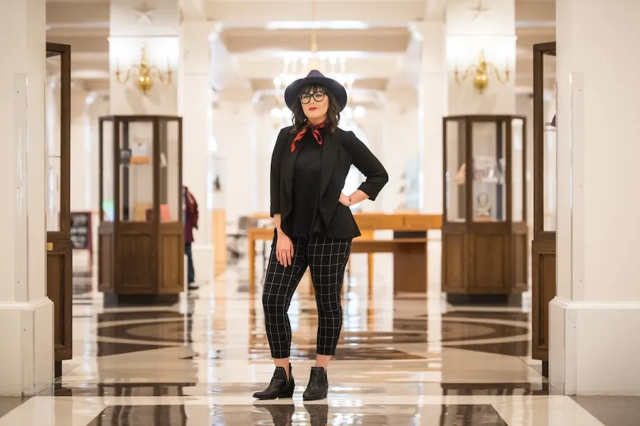 TWU fashion student Jennifer Stanley in the Blagg-Huey Library