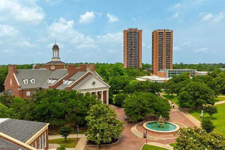 A skyline view of the TWU Denton campus library, Stark and Guinn Hall.