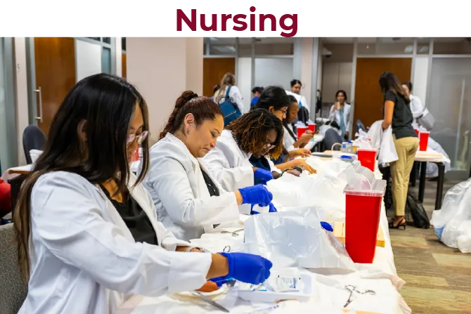Nurse Practitioner students practice medical operations in a nursing simulation lab.