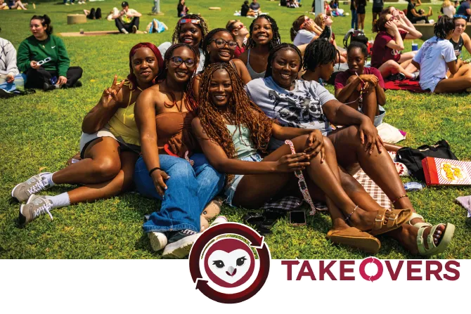 A group of TWU students relax on the lawn outside of Hubbard Hall with a graphic on the image that says 