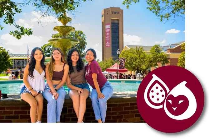 A group of four TWU students sit at the Denton Campus fountain with a graphic of two figs in the bottom right hand corner.