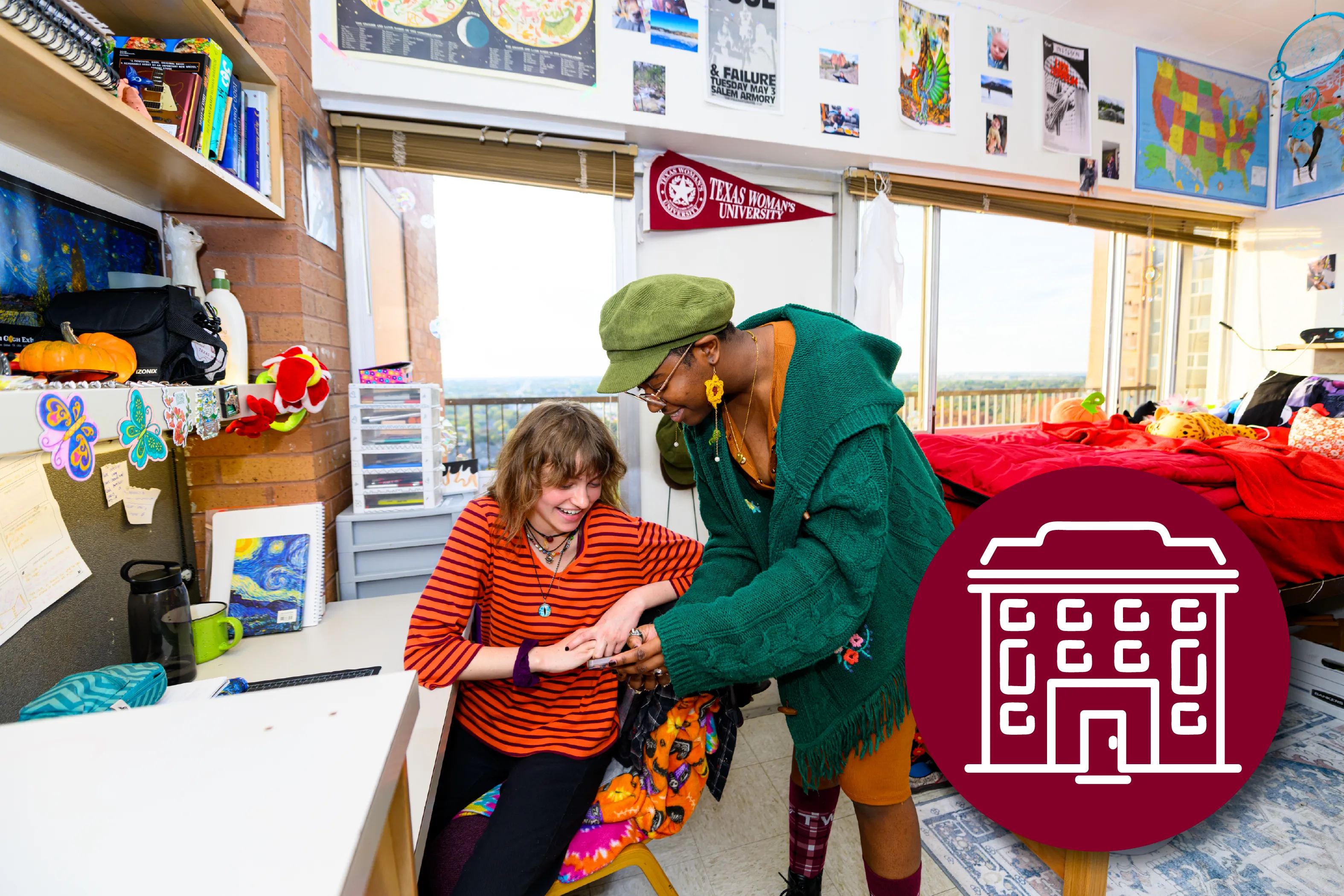 Four TWU students at the fountain with a fig graphic in the corner of the photo.