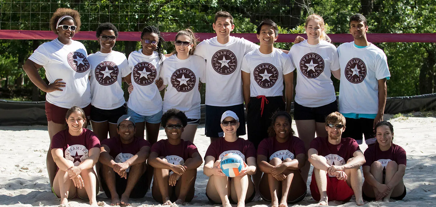 Intramural Volleyball Students, wearing shirts that say 'TWU Intramural All-Stars'