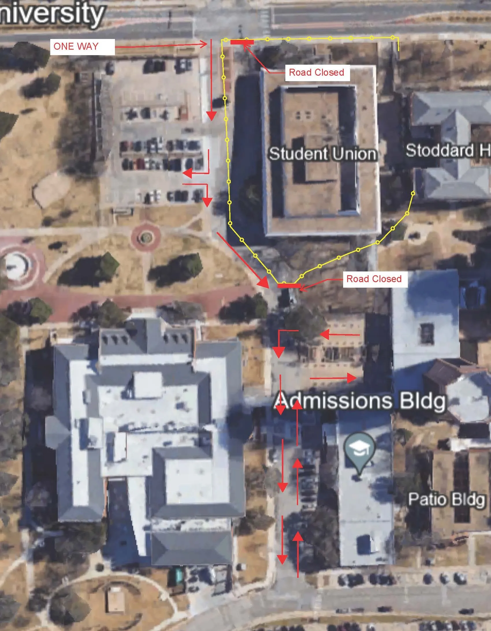 Depicts partial closure of eastbound lane for Administration Drive on the Denton campus.
