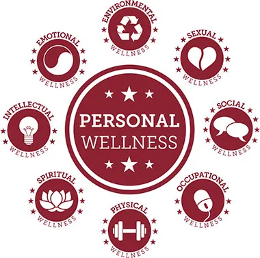 maroon circle with the words 'personal wellness' inside of it, surrounded by smaller circles with icons for the different facets of personal wellness