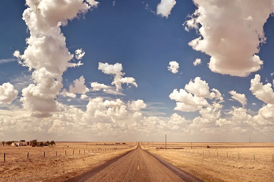 a road in the middle of a corn field with large blue sky and many clouds