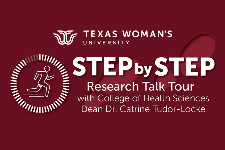 red graphic with TWU logo and Step by Step Research Talk Tour details