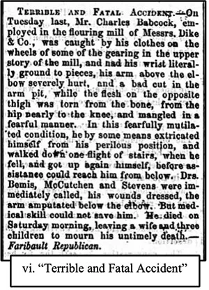 A newspaper clipping obituary for Charles Babcock titled Terrible and Fatal Accident