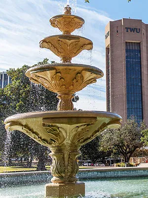 The library fountain on the TWU Denton campus