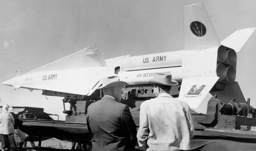 A Nike Hercules missile at the groundbreaking ceremony for the Denton missile base on November 9, 1958. 