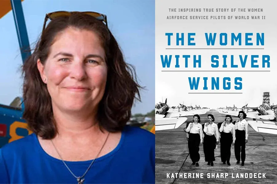 Kate Landdeck and the cover of her book, The Women With Silver Wings 