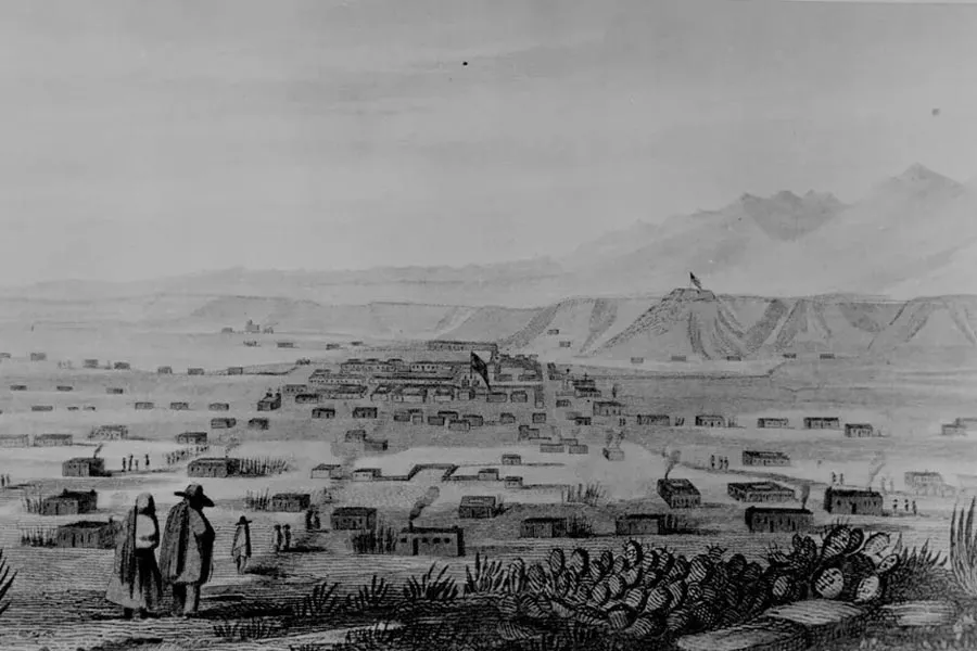 a drawing of a village in the American West