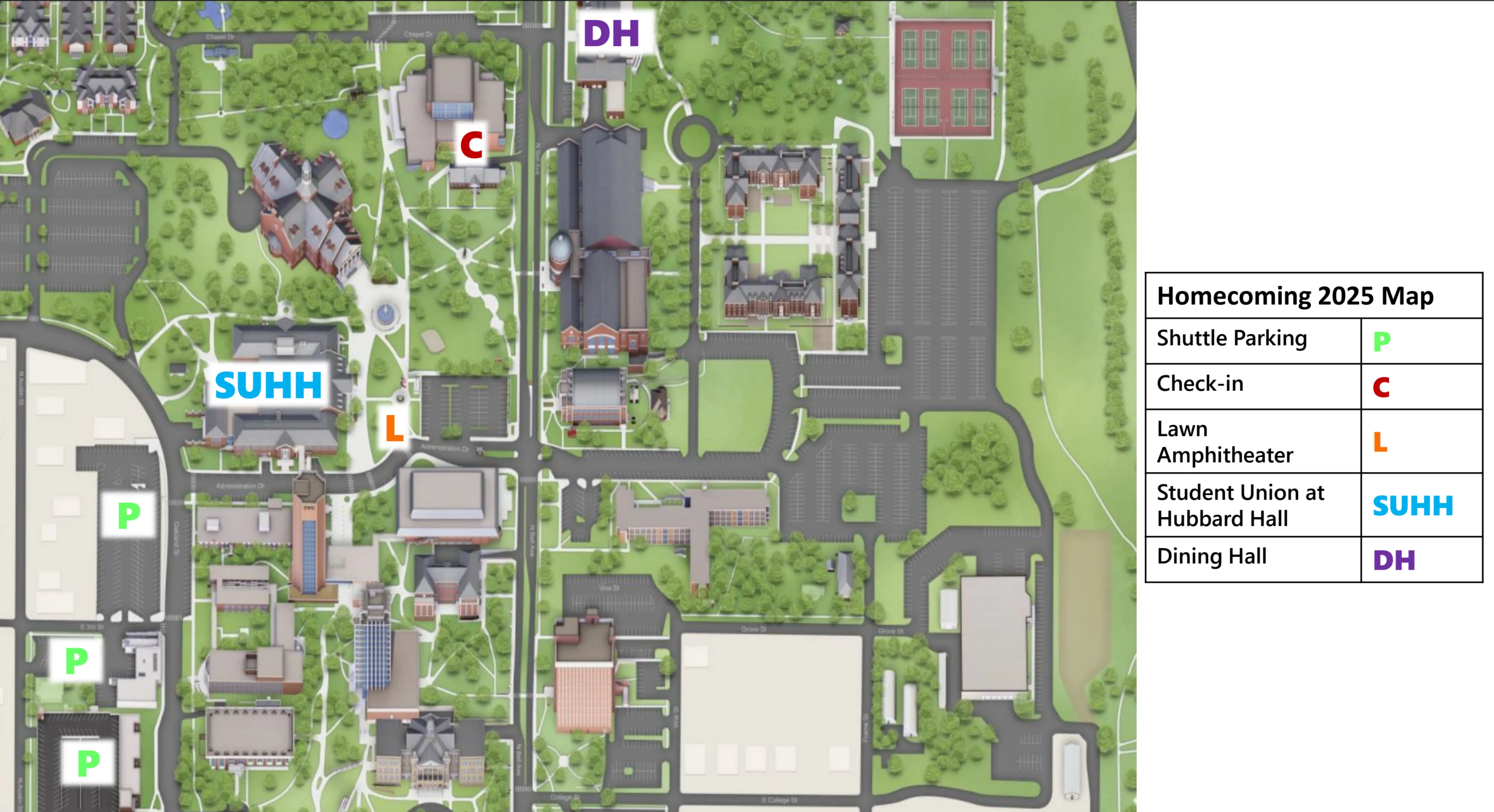 A map of TWU Denton's campus. The Dining Hall, Lawn Ampitheater, and Student Union at Hubbard Hall are marked as Homecoming locations. Check-In is marked near the UA/AE building, and three parking lots are maked for shuttle parking. 