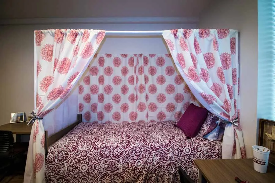 Close-up of a canopied bed in Parliament Village