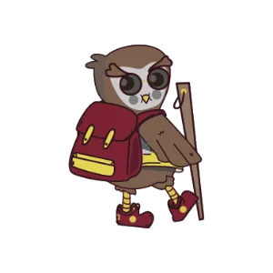 Owl with backpack and walking stick