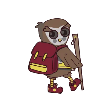 Owl with backpack and walking stick