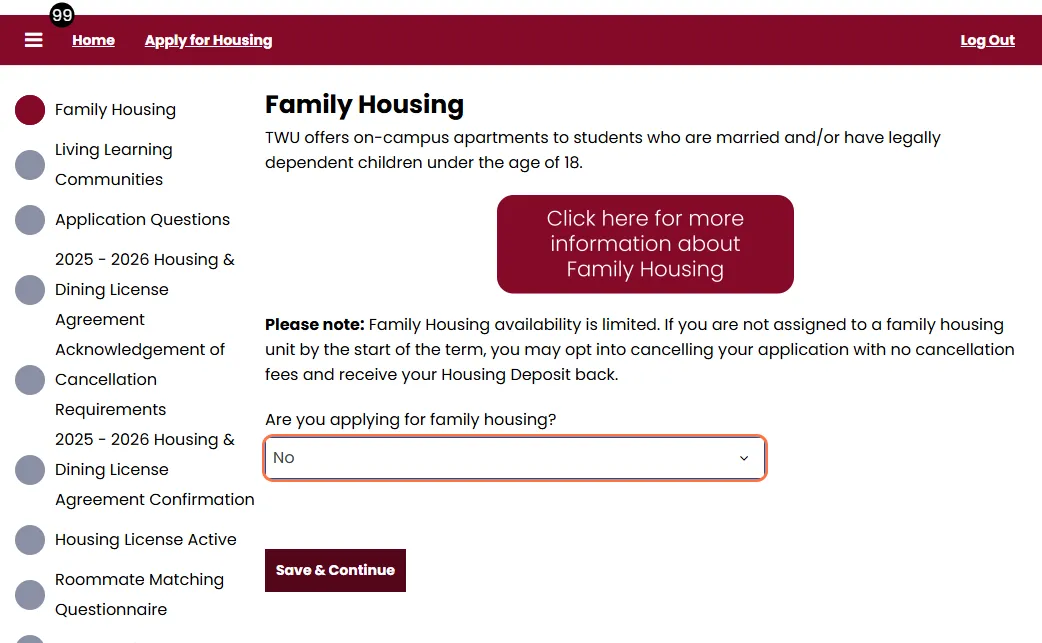 Family Housing Selection Screen