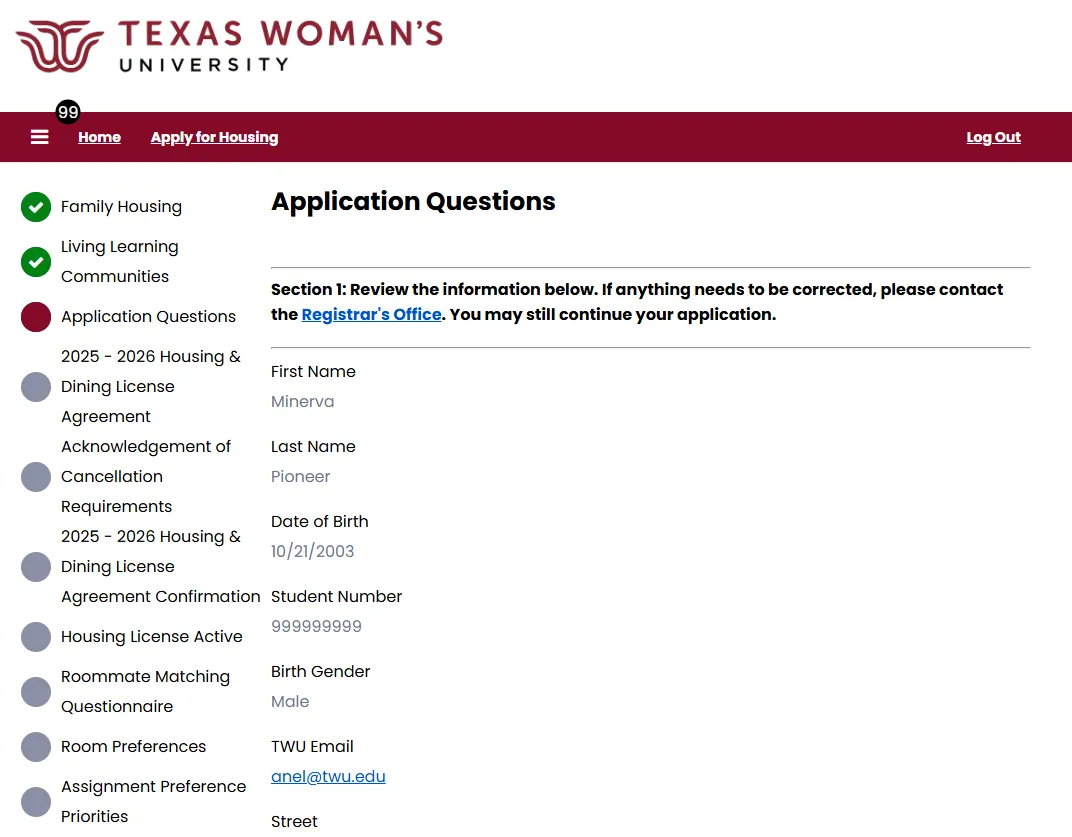 Application Question Page