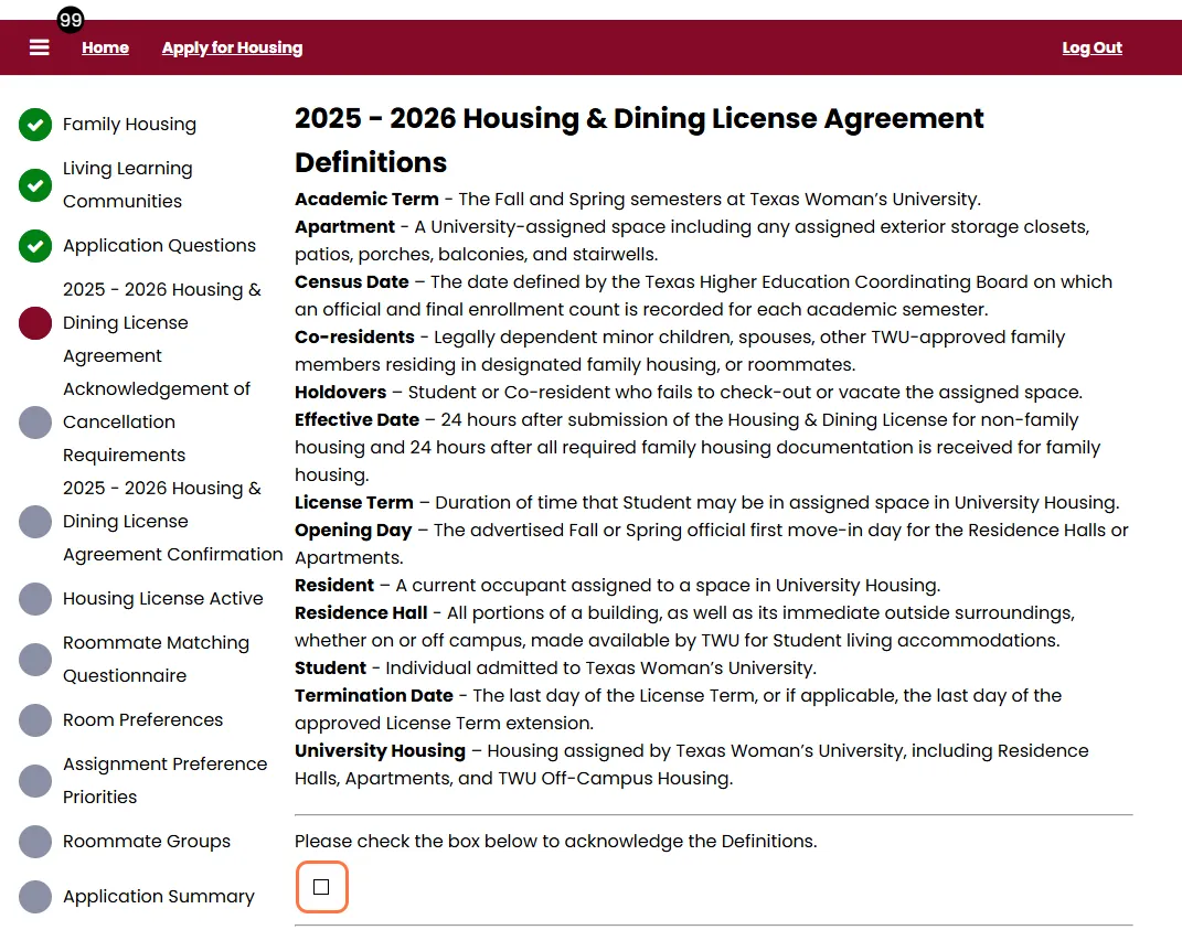Housing License screen