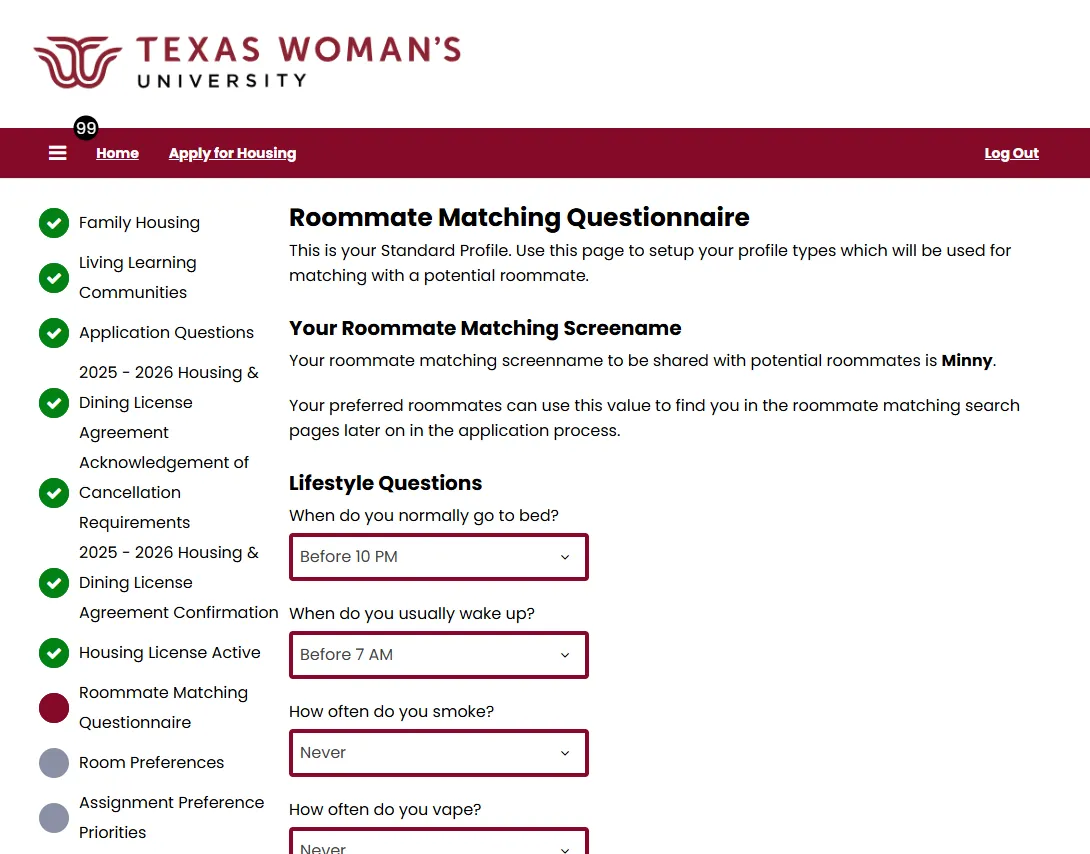 Roommate Questionnaire Page