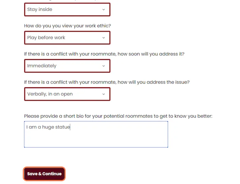 Roommate questionnaire submission button screen