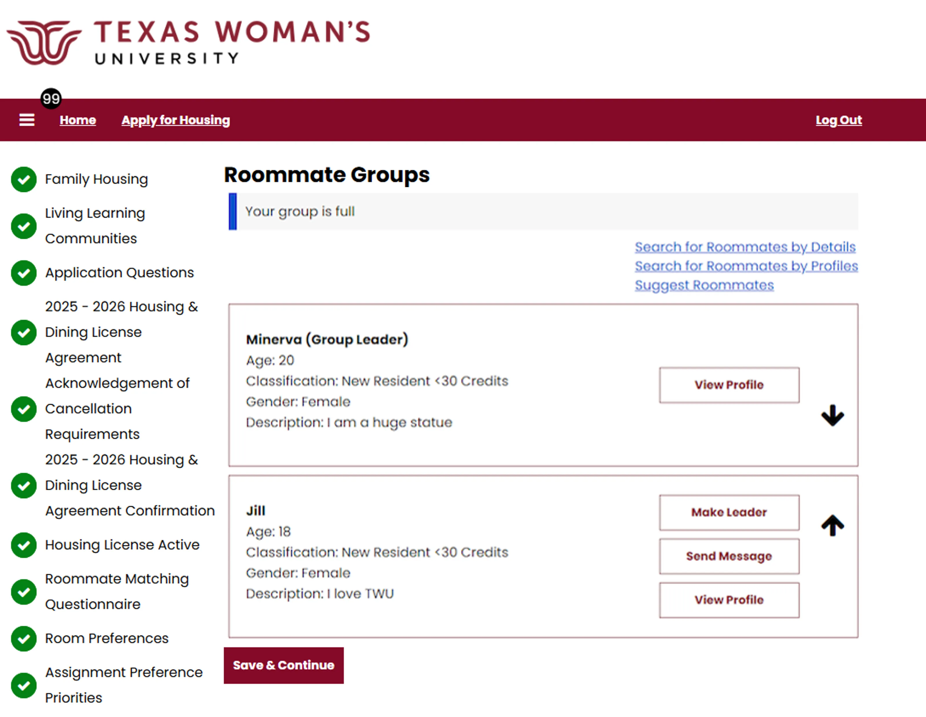 Review roommate groups screen