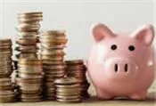 A piggy bank sits next to stacks of coins