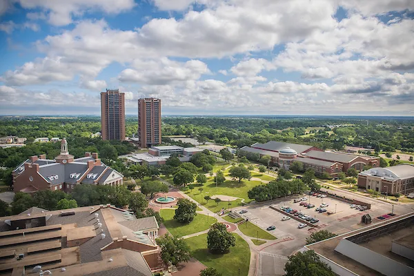 Aerial view of the TWU campus on a sunny day. 