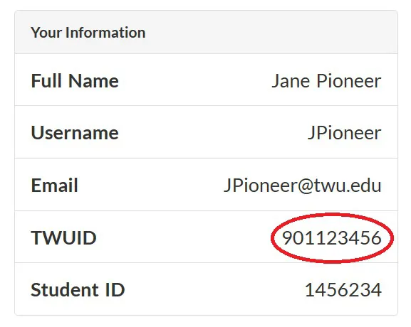 Example of what your TWU ID number looks like.