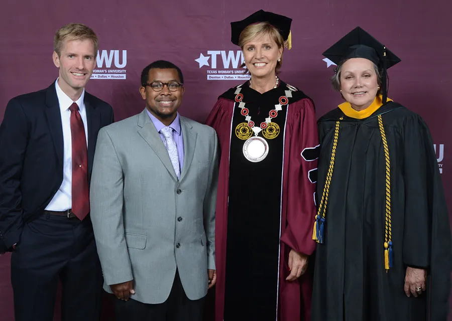Chancellor Feyten with Christopher Johnson, Landon Dickerson, and Lizbeth Spoonts