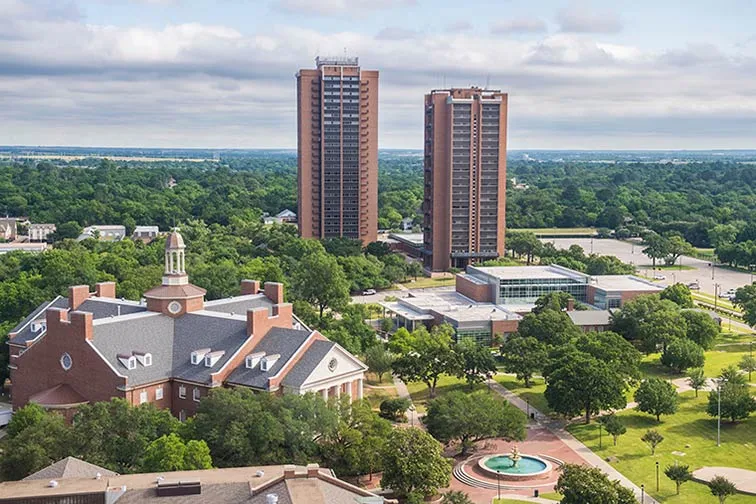 An aerial view of the TWU Denton campus