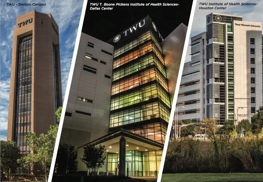 Collage of three photos, one of each of the three TWU campuses: TWU Denton, TWU Dallas, and TWU Houston 