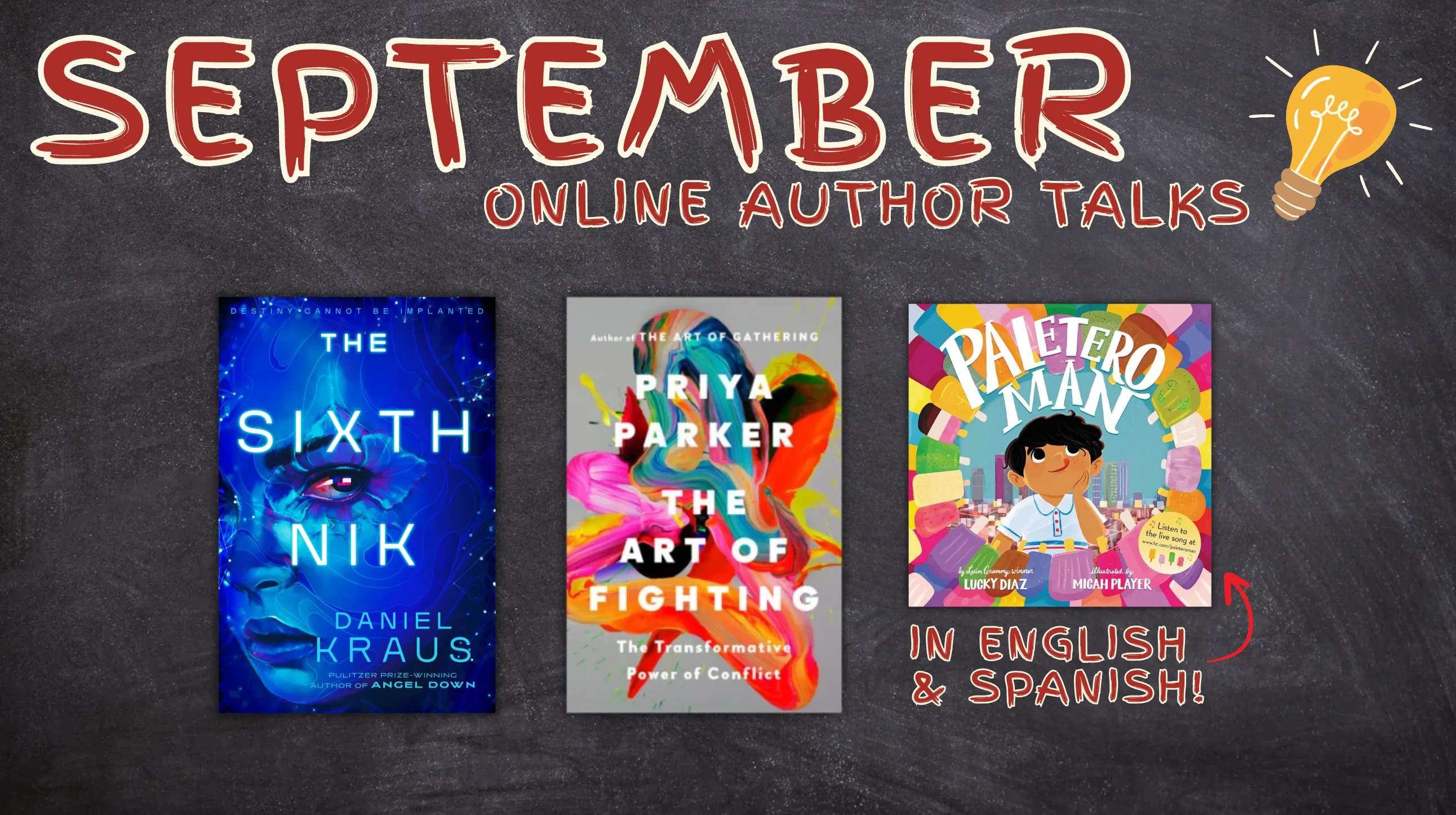 Three books lined up to show books written by featured authors.