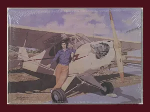 Card with printed painting of a woman in front of plane