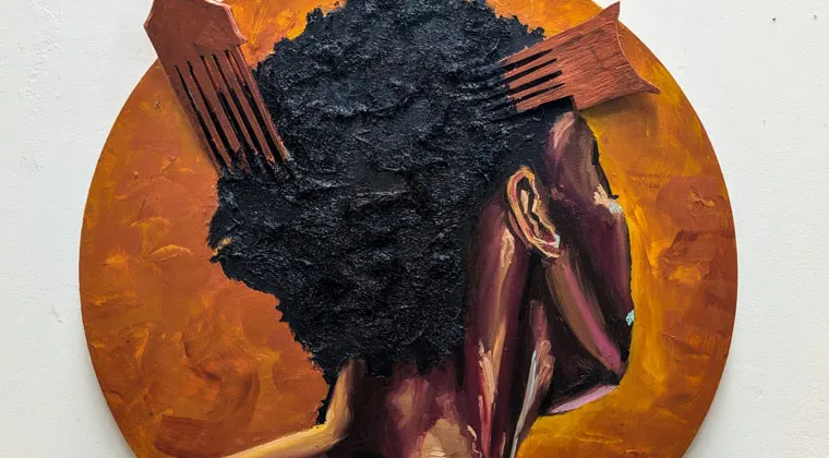 Painting of hair with picks stuck inside