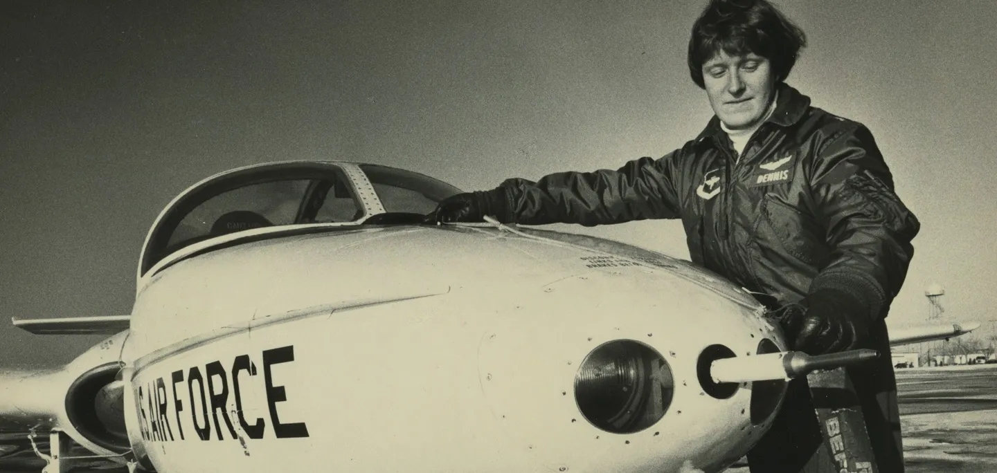 Margaret Dennis Carnahan beside US Air Force aircraft, Vance Airforce Base.