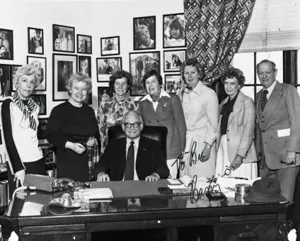 Members of the WASP Militarization Committee (l to r) Lee Wheelwright (43-W-6), Dora Strother (43-W-3), Bee Haydu (44-W-7), Byrd Granger (43-W-1), Margaret Boylan (43-W-2), Doris Tanner (44-W-4), Col. Bruce Arnold with Senator Barry Goldwater (seated).