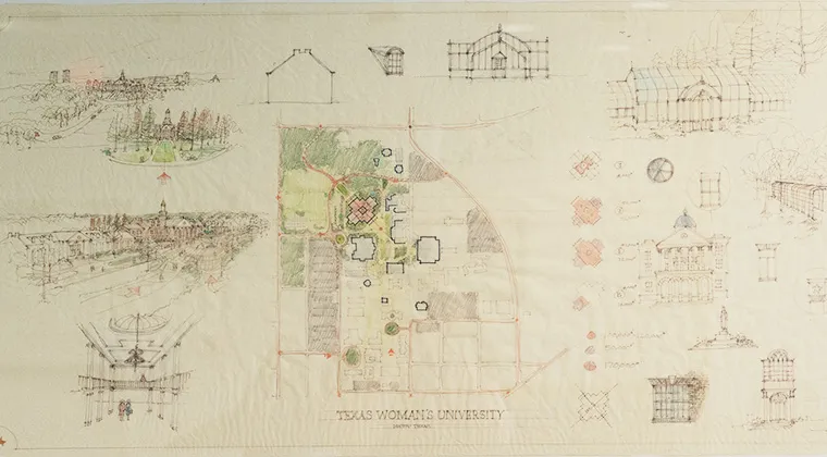 Historic sketched map with design and construction plans for the Blagg-Huey Library, ca. 1980s.