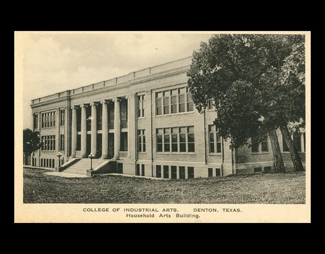 Black and white postcard depicting the College of Industrial Arts, Denton, Texas Household Arts Building