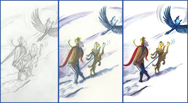 Three versions of an illustration of a woman and dog watching a raven fly. First image is a pencil sketch illustration, next is a watercolor, and last is a color digital illustration.