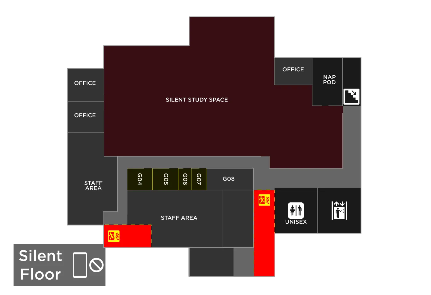 A map of the Garden Level of Blagg-Huey Library with the study room locations highlighted. 