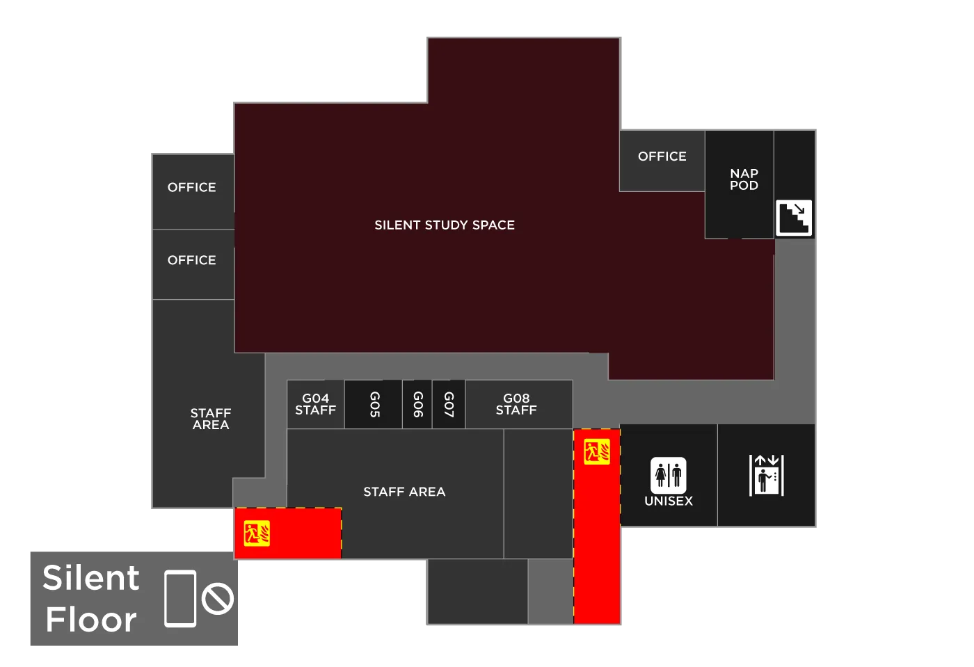 A map of the Garden Level of Blagg-Huey Library with the study room locations highlighted. 