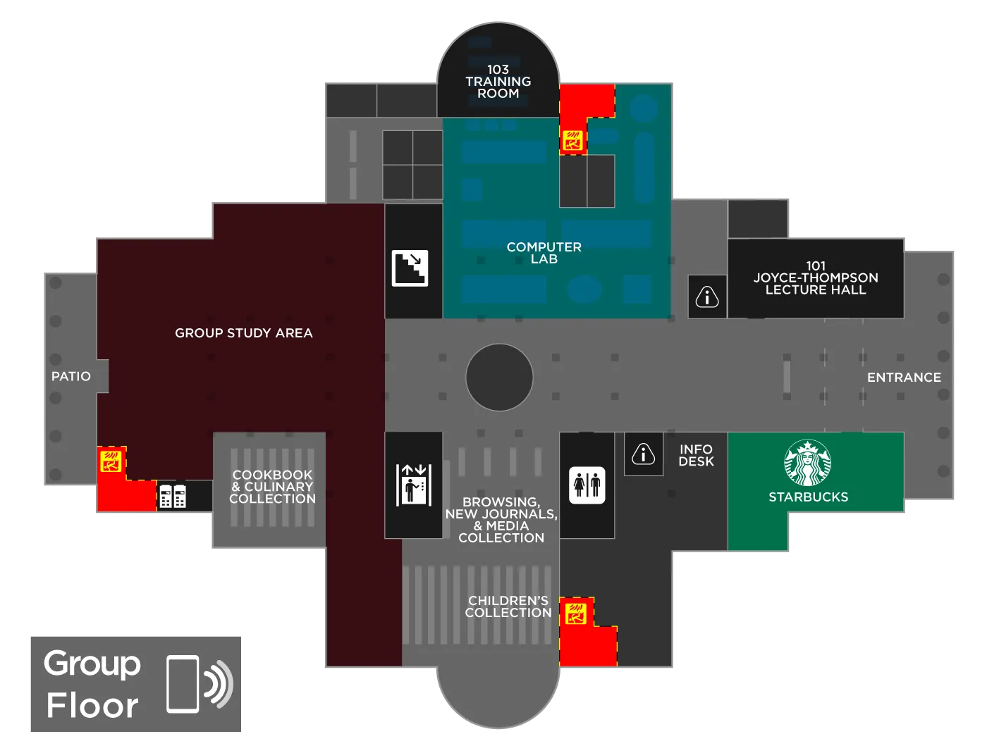A map of the first floor of Blagg-Huey Library. 