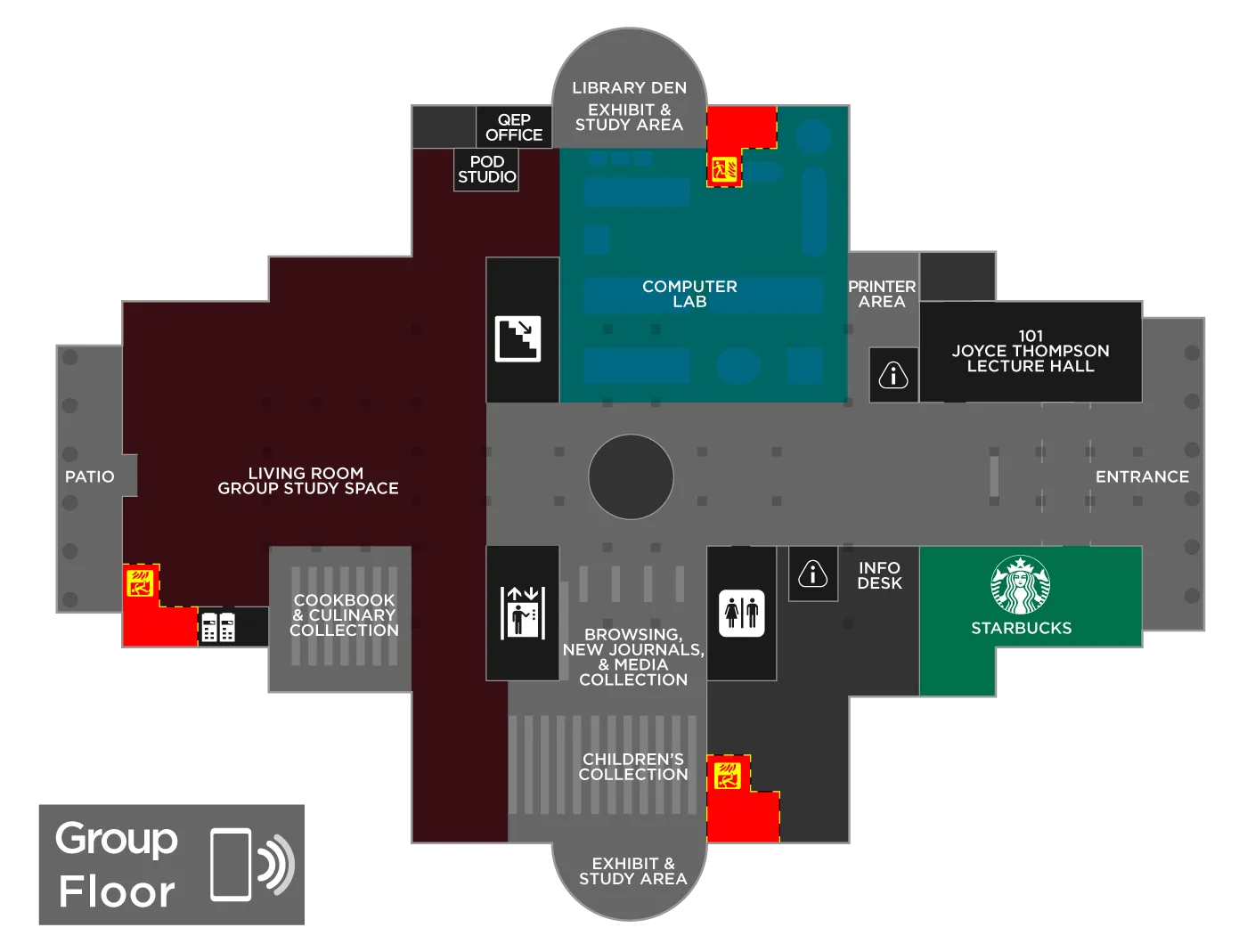 A map of the first floor of Blagg-Huey Library. 