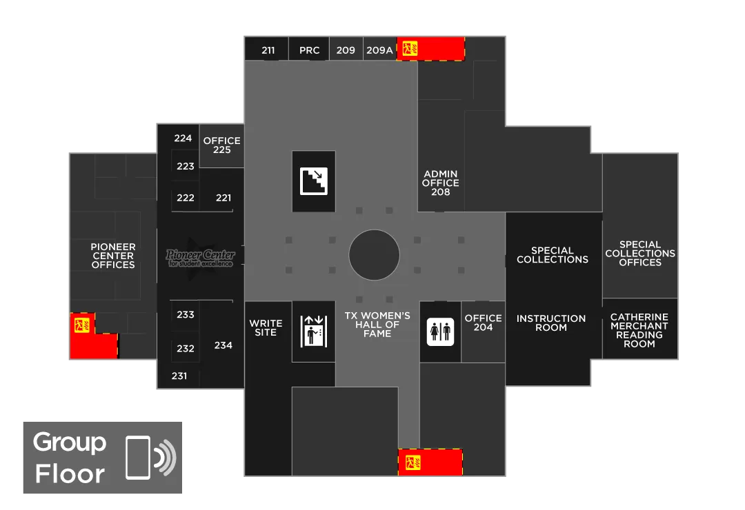 A map of the second floor of Blagg-Huey Library 