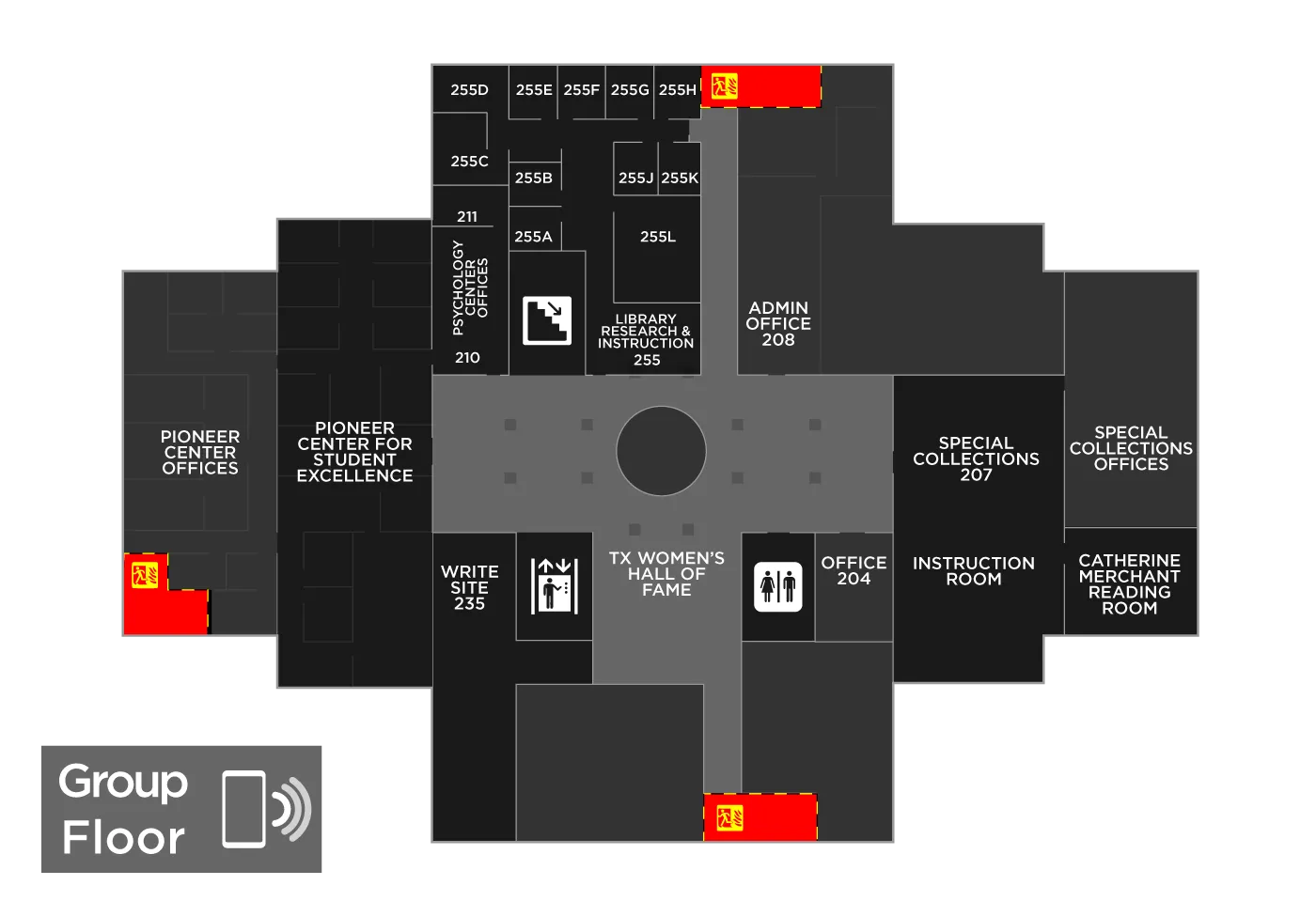 A map of the second floor of Blagg-Huey Library 