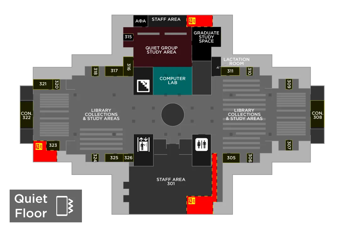 A map of the third floor of Blagg-Huey Library. 