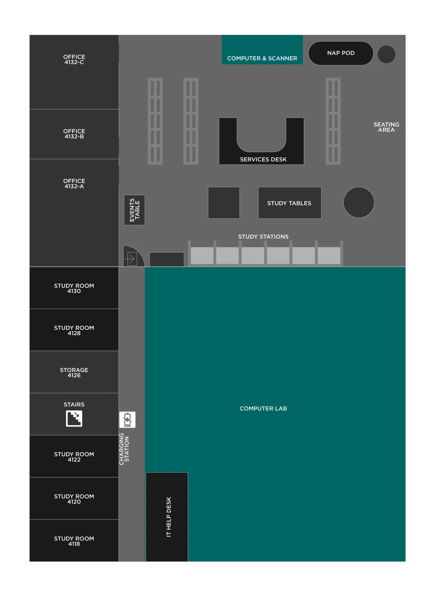 A map of the TWU Houston Center Library 
