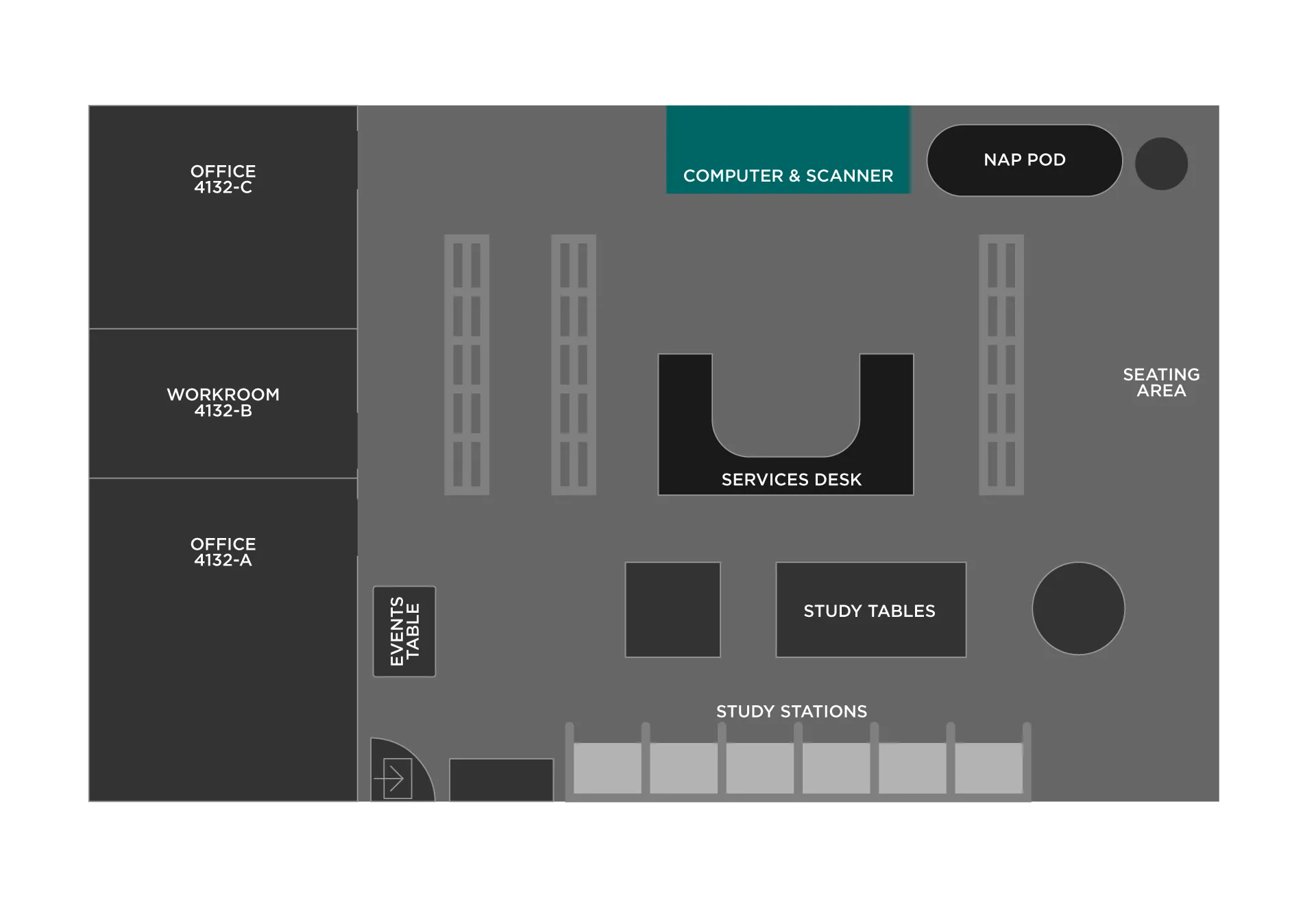 A map of the TWU Houston Center Library 
