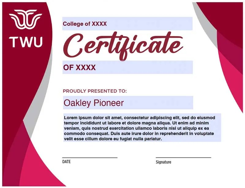 Certificate Style C with TWU logo